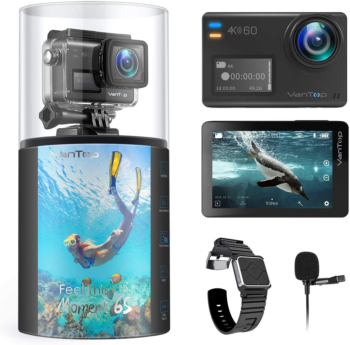 VanTop Moment 6S 4K/60FPS Action Camera with EIS, Dual Screen, External Microphone, 8X Slow Motion/Digital Zoom, 5G WiFi, 30M Waterproof Underwater Camera w/Gopro Compatible Accessories, 2 Batteries