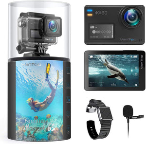 VanTop Moment 6S 4K/60FPS Action Camera with EIS, Dual Screen, External Microphone, 8X Slow Motion/Digital Zoom, 5G WiFi, 30M Waterproof Underwater Camera w/Gopro Compatible Accessories, 2 Batteries
